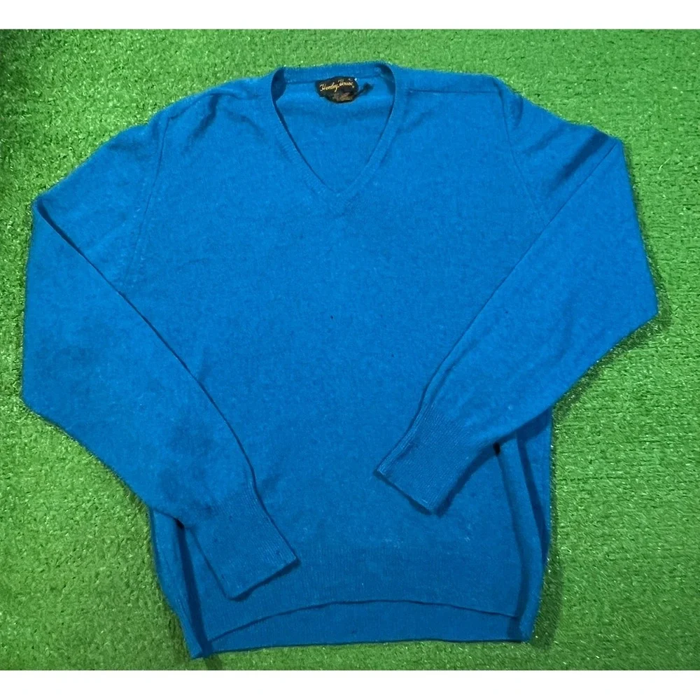 Vintage 50s Designer Sweater LG Lambs Wool Sweater Teal Blue Henley House Flaw